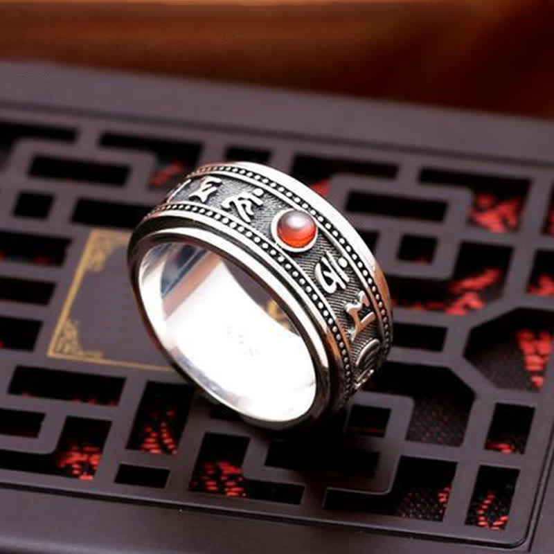 Buddha Stones Garnet Om Mani Padme Hum Copper Rotatable Peace Ring - image 2
