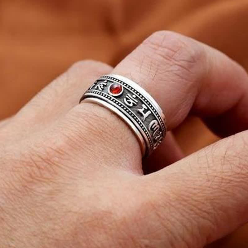 Buddha Stones Garnet Om Mani Padme Hum Copper Rotatable Peace Ring - image 12