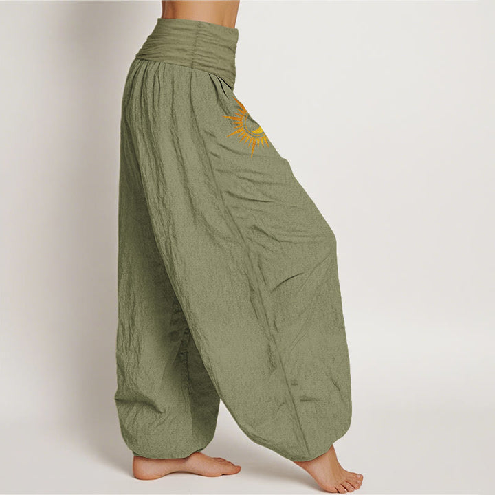 Buddha Stones Pure Cotton Gold Sun Moon Phases Pattern Women's Elastic Waist Harem Pants - image 15