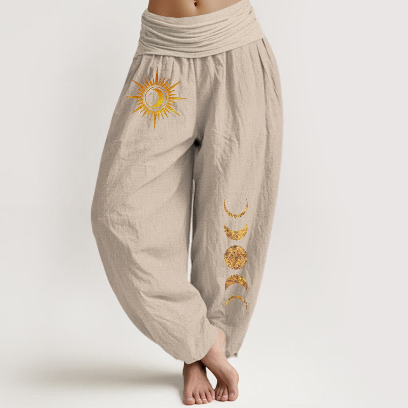 Buddha Stones Pure Cotton Gold Sun Moon Phases Pattern Women's Elastic Waist Harem Pants - Tan - US16，UK/AU20，EU48 (3XL) - image 5