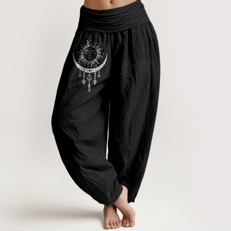 Buddha Stones Pure Cotton Sun Moon Star Tassel Pattern Women's Elastic Waist Harem Pants - Black - US16，UK/AU20，EU48 (3XL) - image 5