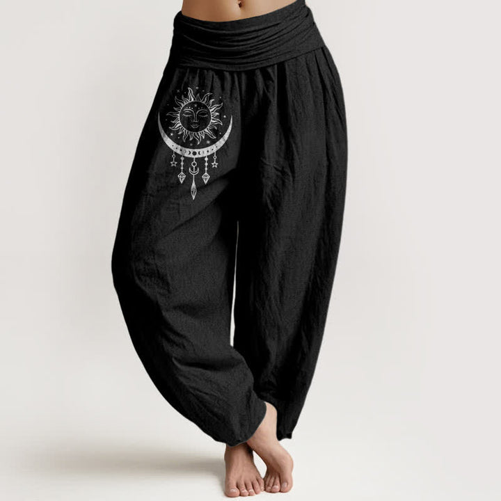 Buddha Stones Pure Cotton Sun Moon Star Tassel Pattern Women's Elastic Waist Harem Pants - Black - US16，UK/AU20，EU48 (3XL) - image 5