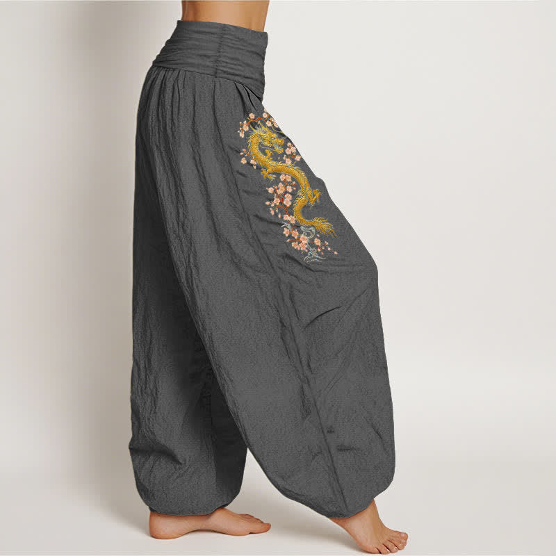 Buddha Stones Pure Cotton Golden Dragon Pink Blossom Pattern Women's Elastic Waist Harem Pants - image 12
