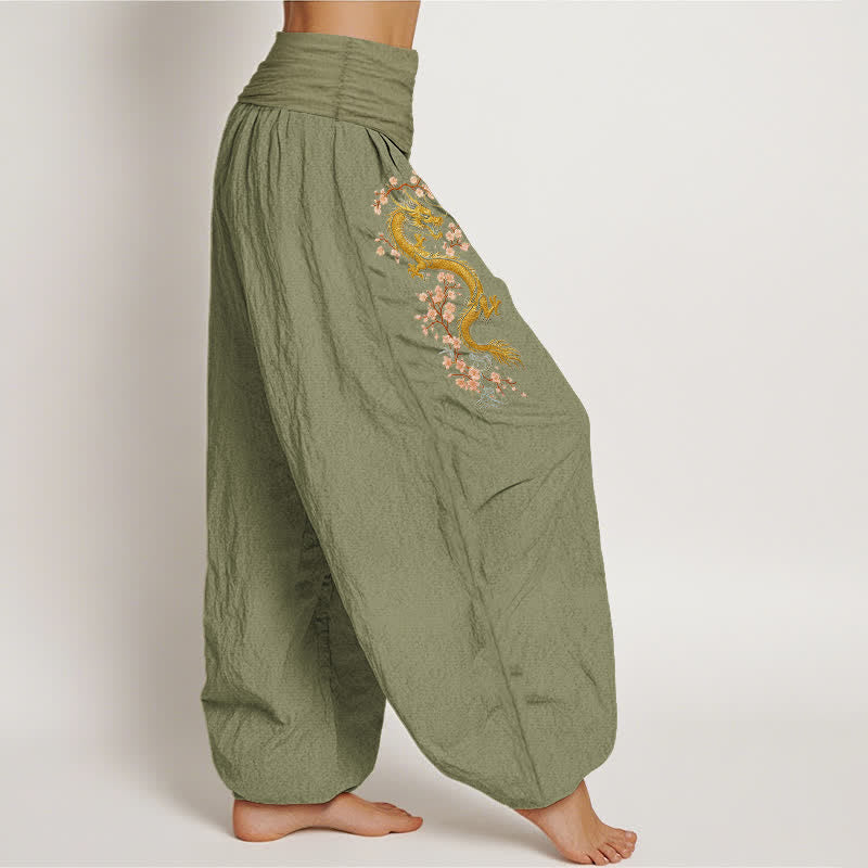 Buddha Stones Pure Cotton Golden Dragon Pink Blossom Pattern Women's Elastic Waist Harem Pants - image 15
