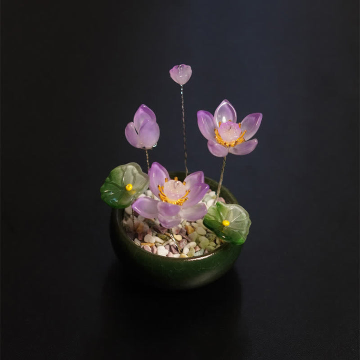 Buddha Stones Peony Lotus Liuli Flowerpot Handmade Mindful Living Decor - Purple Lotus - image 4