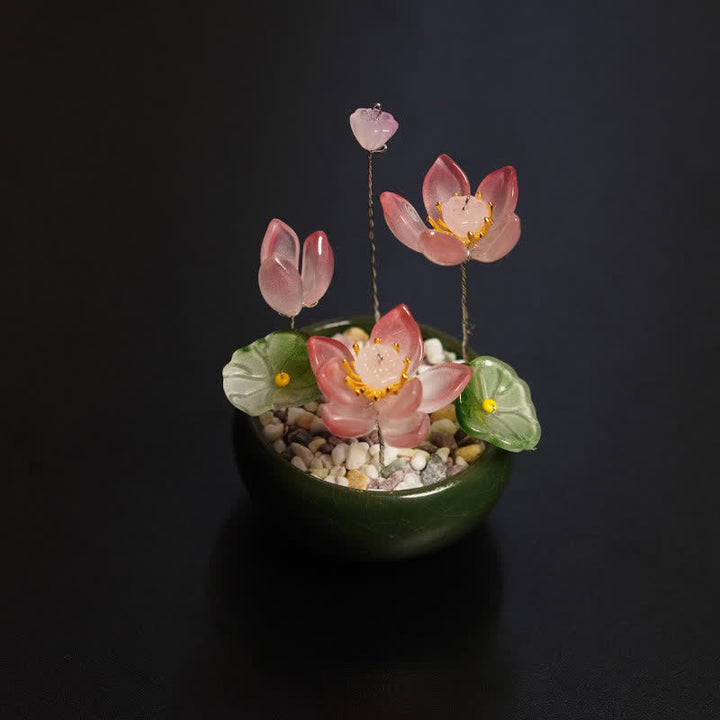 Buddha Stones Peony Lotus Liuli Flowerpot Handmade Mindful Living Decor - Dark Pink Lotus - image 0