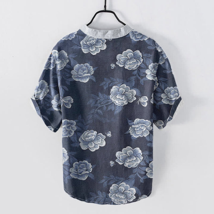 Buddha Stones Cotton Vintage Peony Bloom Pattern Men's Short Sleeve Half Button Shirt - image 1