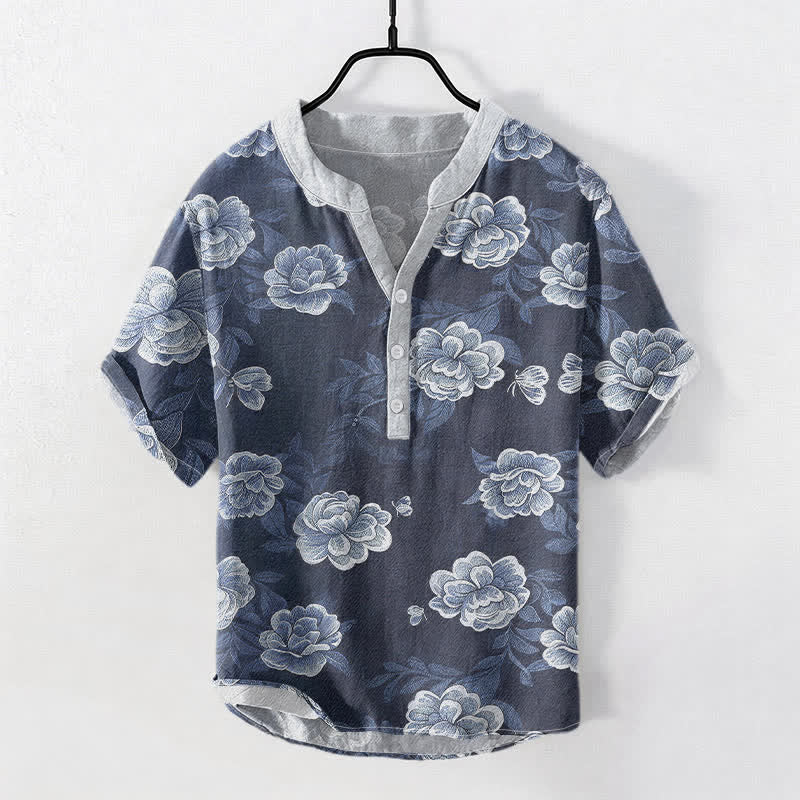 Buddha Stones Cotton Vintage Peony Bloom Pattern Men's Short Sleeve Half Button Shirt - SteelBlue - US/UK/AU50，EU60 (5XL) - image 0