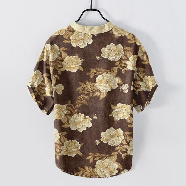 Buddha Stones Cotton Vintage Peony Bloom Pattern Men's Short Sleeve Half Button Shirt - image 4