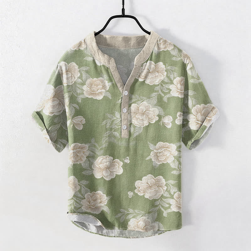 Buddha Stones Cotton Vintage Peony Bloom Pattern Men's Short Sleeve Half Button Shirt - PaleGreen - US/UK/AU50，EU60 (5XL) - image 5