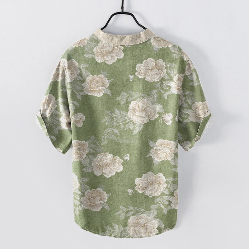 Buddha Stones Cotton Vintage Peony Bloom Pattern Men's Short Sleeve Half Button Shirt - image 6