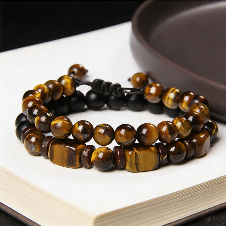 Buddha Stones 2Pcs Tiger Eye Hematite Square Double Wrap Beaded Strength Bracelet - image 8