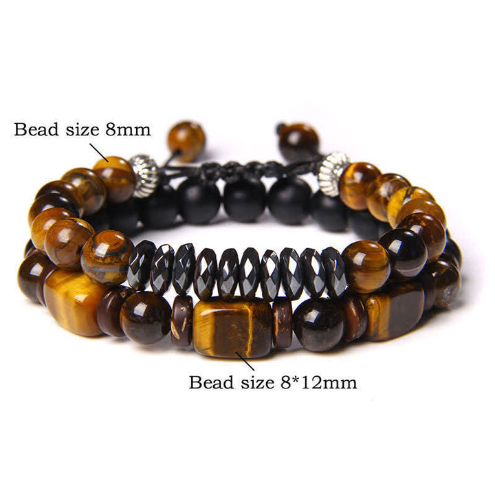 Buddha Stones 2Pcs Tiger Eye Hematite Square Double Wrap Beaded Strength Bracelet - 2Pcs Tiger Eye Faceted Hematite(Wrist Circumference:16–17 cm) - image 0