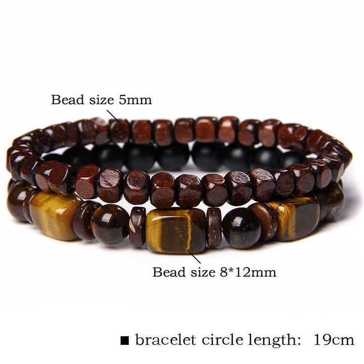 Buddha Stones 2Pcs Tiger Eye Hematite Square Double Wrap Beaded Strength Bracelet - 2Pcs Square Wood Tiger Eye(Wrist Circumference:16–17 cm) - image 1