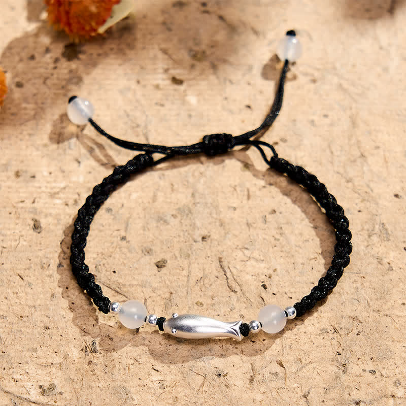 Buddha Stones 999 Sterling Silver Koi Fish White Agate Braided Rope Protection Bracelet - image 2