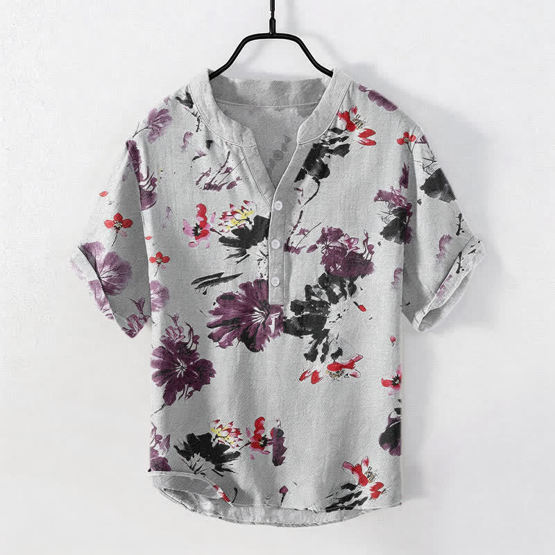 Buddha Stones Cotton Purple Watercolor Lotus Pattern Men's Short Sleeve Half Button Shirt - LightGrey - US/UK/AU50，EU60 (5XL) - image 5