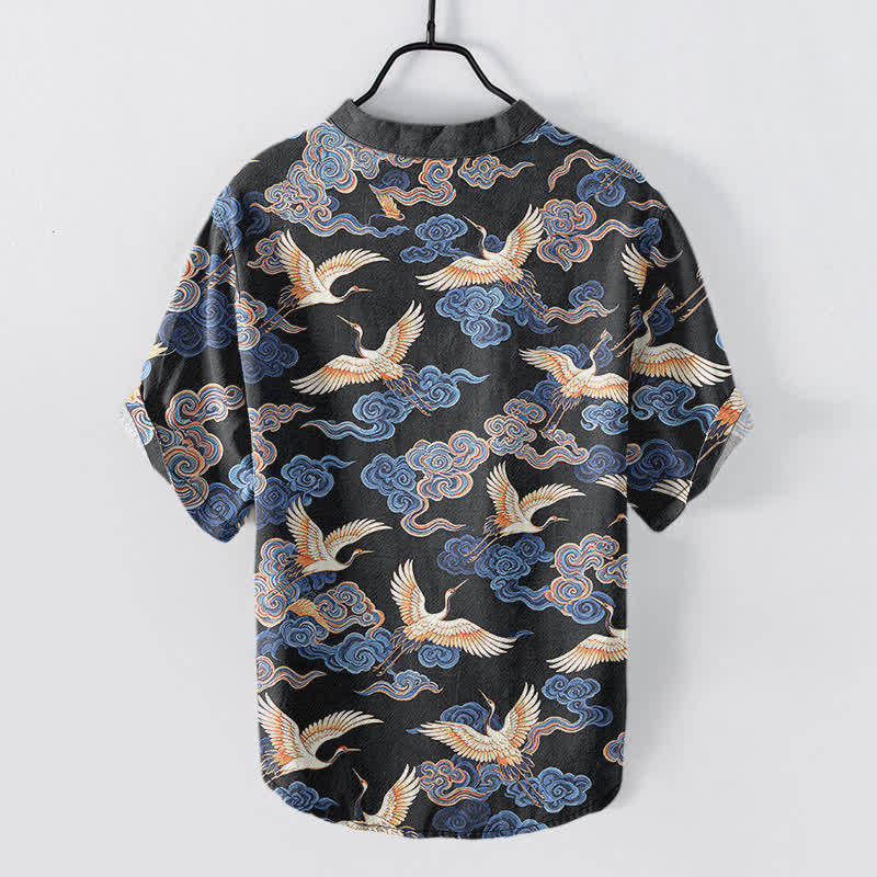 Buddha Stones Cotton Oriental Crane Cloud Pattern Men's Short Sleeve Half Button Shirt - image 1
