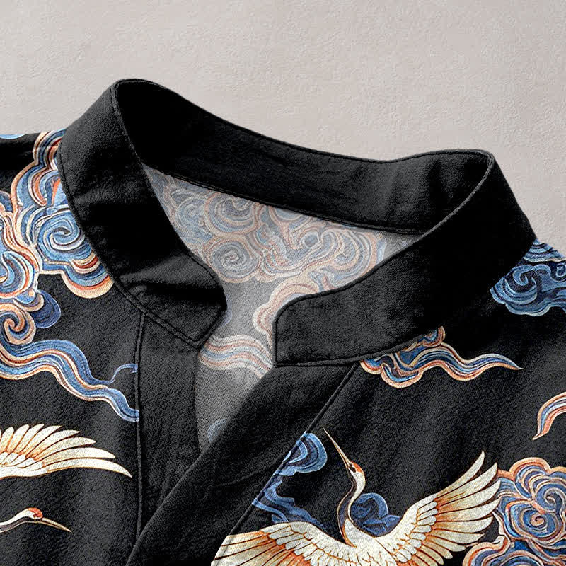 Buddha Stones Cotton Oriental Crane Cloud Pattern Men's Short Sleeve Half Button Shirt - image 2