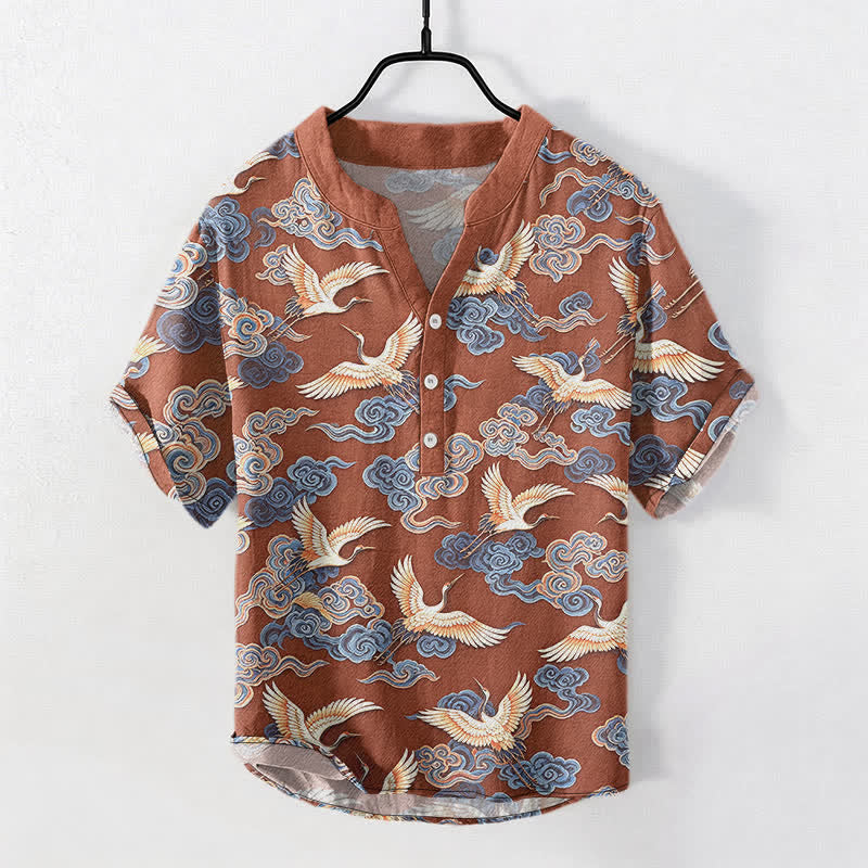 Buddha Stones Cotton Oriental Crane Cloud Pattern Men's Short Sleeve Half Button Shirt - Sienna - US/UK/AU50，EU60 (5XL) - image 7