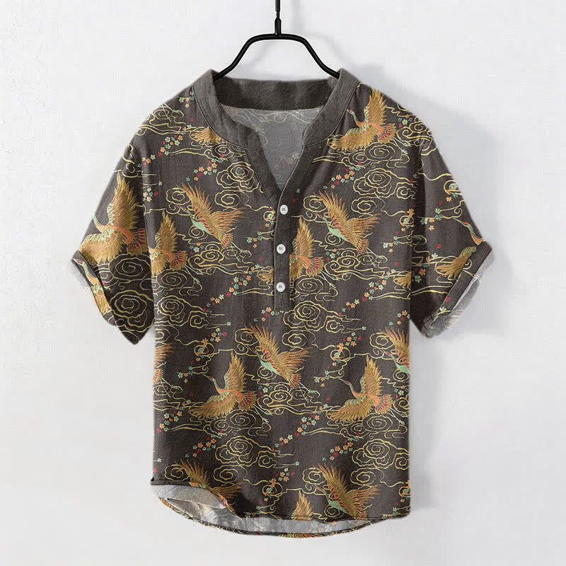 Buddha Stones Cotton Golden Crane Cloud Pattern Men's Short Sleeve Half Button Shirt - DimGray - US/UK/AU50，EU60 (5XL) - image 0
