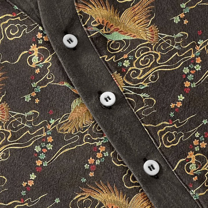 Buddha Stones Cotton Golden Crane Cloud Pattern Men's Short Sleeve Half Button Shirt - image 3