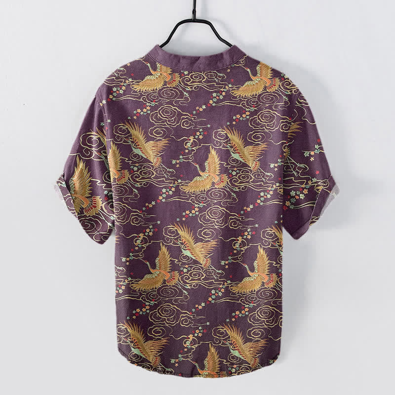 Buddha Stones Cotton Golden Crane Cloud Pattern Men's Short Sleeve Half Button Shirt - image 6