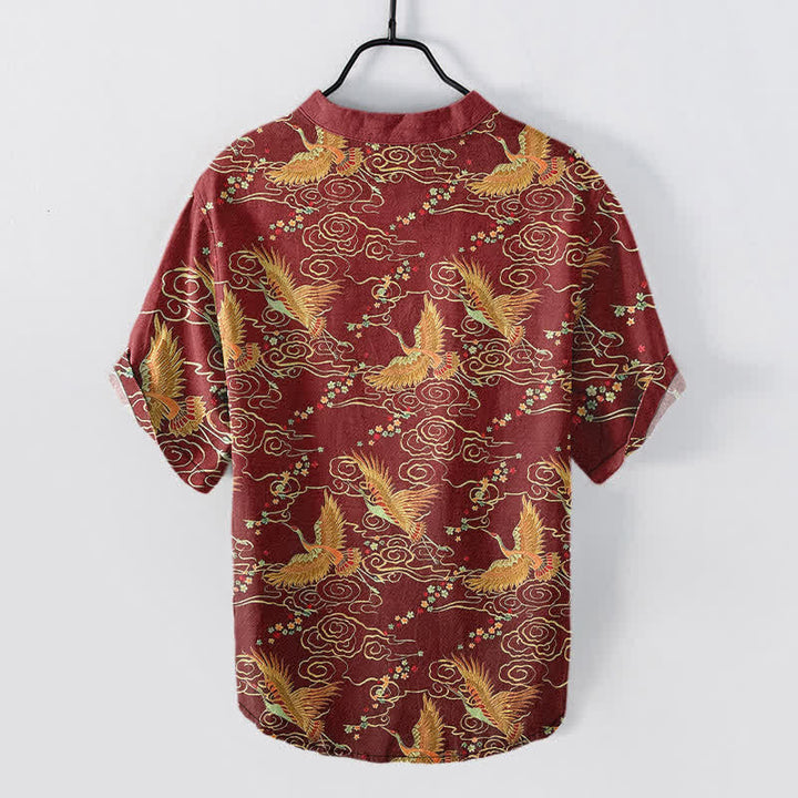 Buddha Stones Cotton Golden Crane Cloud Pattern Men's Short Sleeve Half Button Shirt - image 8