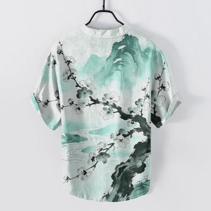 Buddha Stones Cotton Ink Plum Blossom Pattern Men's Short Sleeve Half Button Shirt - Aquamarine - US/UK/AU50，EU60 (5XL) - image 4