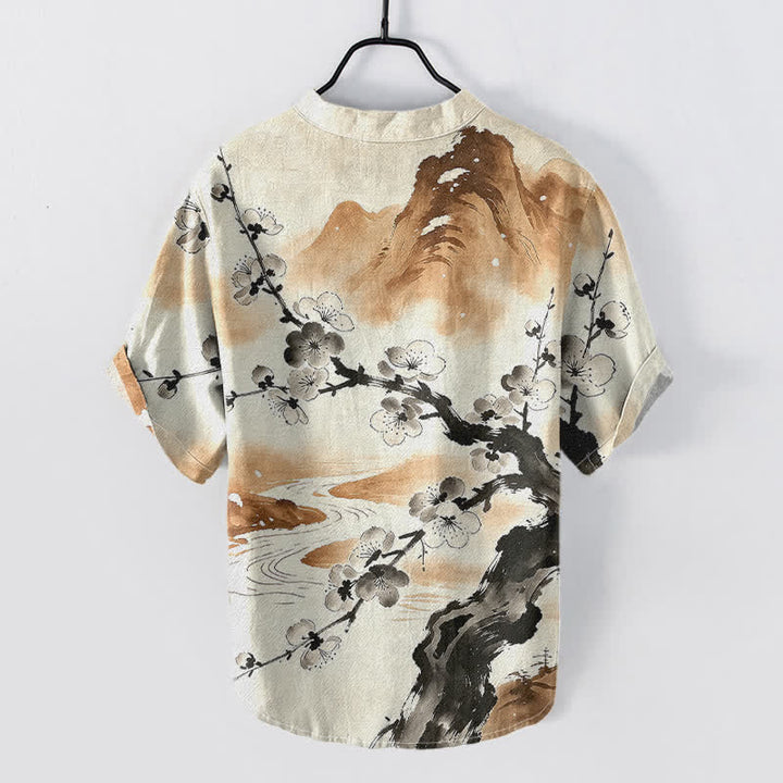 Buddha Stones Cotton Ink Plum Blossom Pattern Men's Short Sleeve Half Button Shirt - image 6