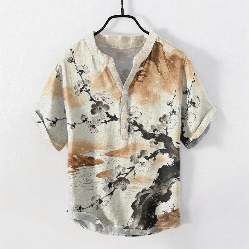 Buddha Stones Cotton Ink Plum Blossom Pattern Men's Short Sleeve Half Button Shirt - Wheat - US/UK/AU50，EU60 (5XL) - image 5