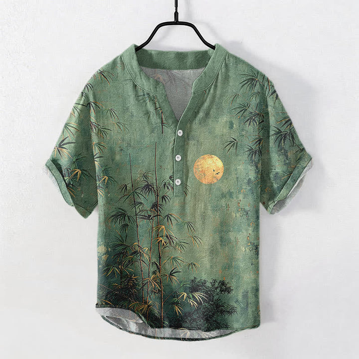 Buddha Stones Cotton Ink Bamboo With Golden Moon Pattern Men's Short Sleeve Half Button Shirt - SeaGreen - US/UK/AU50，EU60 (5XL) - image 0