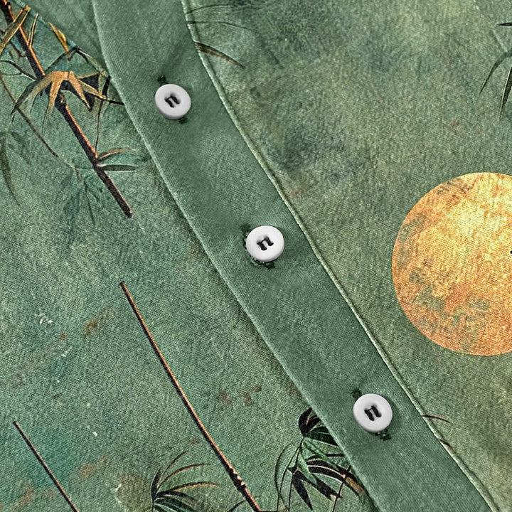 Buddha Stones Cotton Ink Bamboo With Golden Moon Pattern Men's Short Sleeve Half Button Shirt - image 3