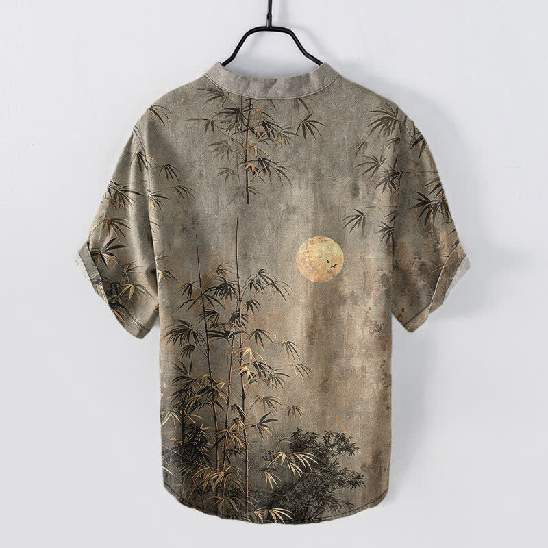 Buddha Stones Cotton Ink Bamboo With Golden Moon Pattern Men's Short Sleeve Half Button Shirt - image 6