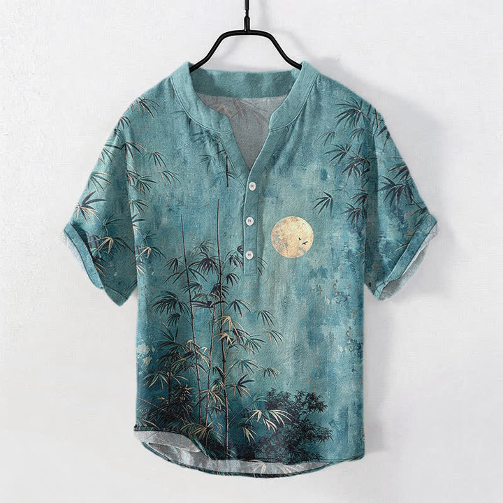 Buddha Stones Cotton Ink Bamboo With Golden Moon Pattern Men's Short Sleeve Half Button Shirt - Teal - US/UK/AU50，EU60 (5XL) - image 7