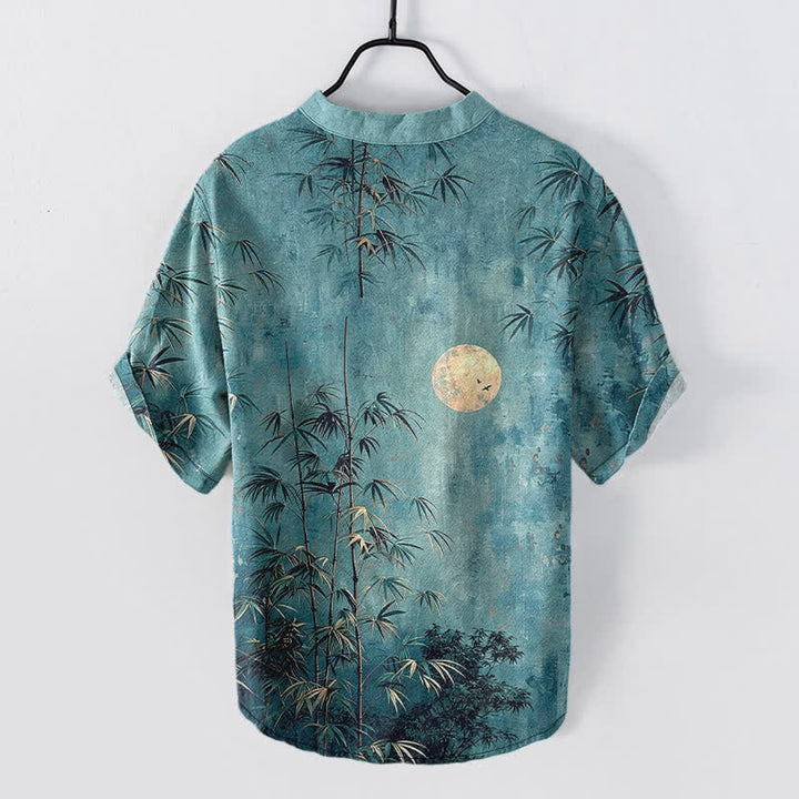 Buddha Stones Cotton Ink Bamboo With Golden Moon Pattern Men's Short Sleeve Half Button Shirt - image 8