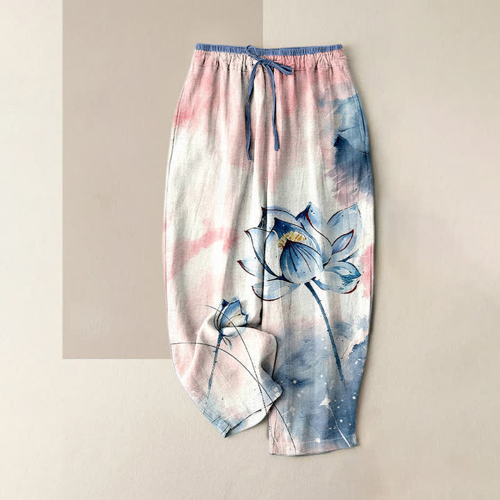 Buddha Stones Pure Cotton Watercolor Lotus Pattern Women's Elastic Waist Pants With Pockets - Ivory - US16，UK/AU20，EU48 (3XL) - image 3