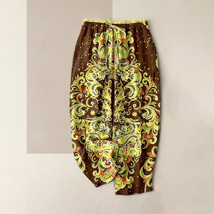 Buddha Stones Pure Cotton Vivid Paisley Floral Pattern Women's Elastic Waist Pants With Pockets - SaddleBrown - US16，UK/AU20，EU48 (3XL) - image 4