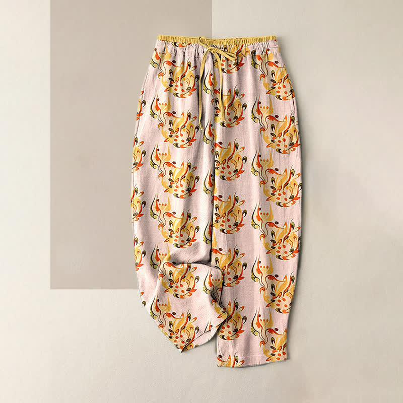 Buddha Stones Pure Cotton Sunny Abstract Floral Pattern Women's Elastic Waist Pants With Pockets - LightPink - US16，UK/AU20，EU48 (3XL) - image 3