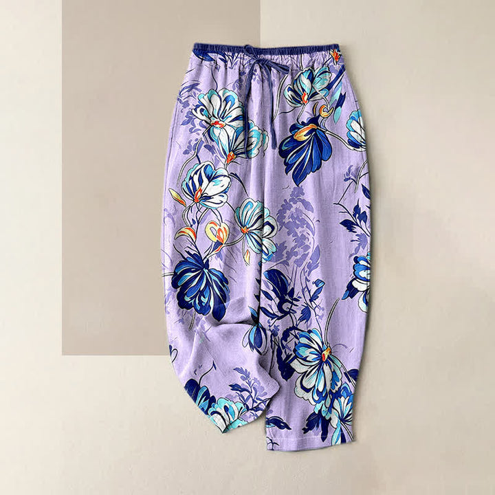 Buddha Stones Pure Cotton Indigo Botanical Bloom Pattern Women's Elastic Waist Pants With Pockets - Lavender - US16，UK/AU20，EU48 (3XL) - image 3