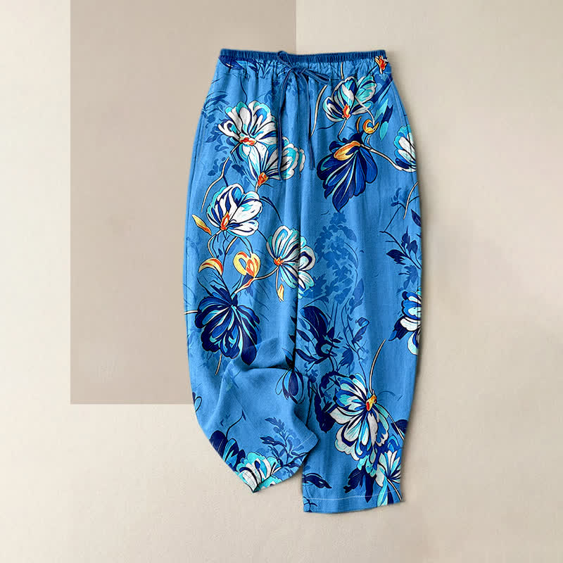 Buddha Stones Pure Cotton Indigo Botanical Bloom Pattern Women's Elastic Waist Pants With Pockets - DodgerBlue - US16，UK/AU20，EU48 (3XL) - image 4