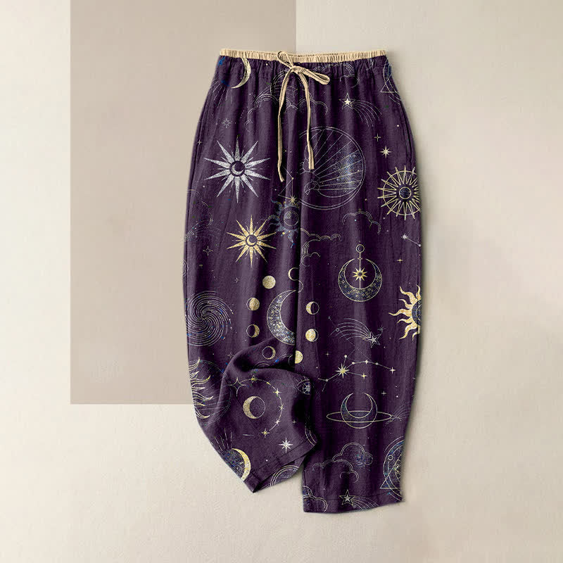 Buddha Stones Pure Cotton Celestial Sun Moon Stars Pattern Women's Elastic Waist Pants With Pockets - DarkViolet - US16，UK/AU20，EU48 (3XL) - image 5
