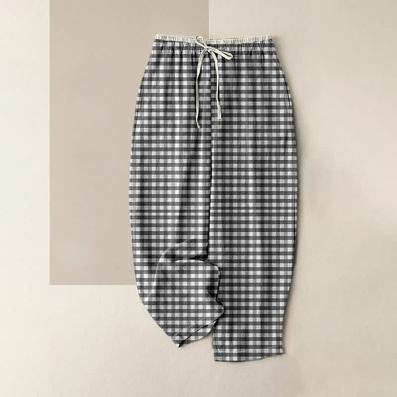 Buddha Stones Cotton Classic Gingham Pattern Women's Elastic Waist Pants With Pockets - Black - US16，UK/AU20，EU48 (3XL) - image 0