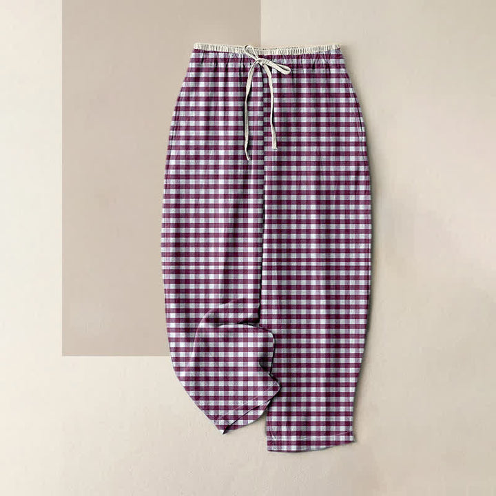 Buddha Stones Cotton Classic Gingham Pattern Women's Elastic Waist Pants With Pockets - Purple - US16，UK/AU20，EU48 (3XL) - image 3