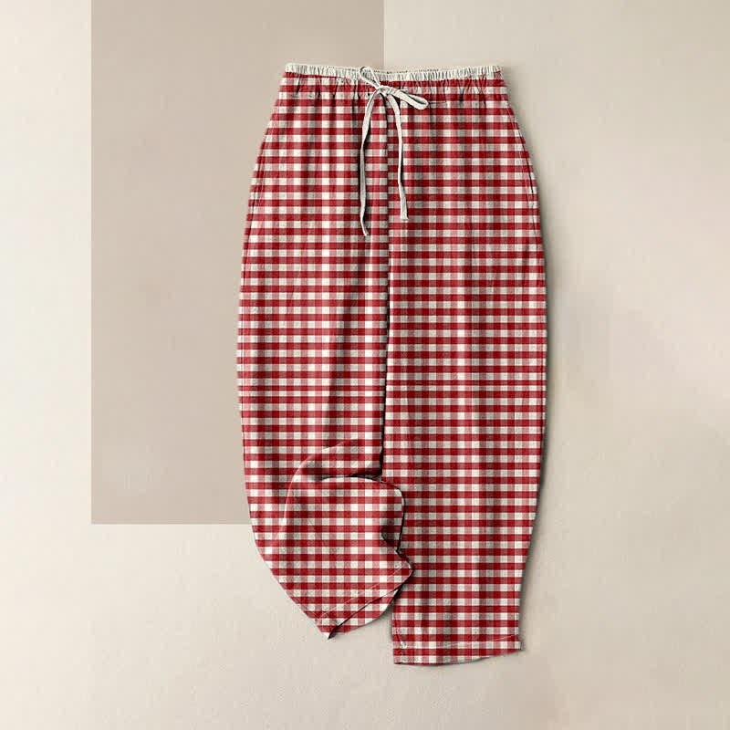 Buddha Stones Cotton Classic Gingham Pattern Women's Elastic Waist Pants With Pockets - Red - US16，UK/AU20，EU48 (3XL) - image 4