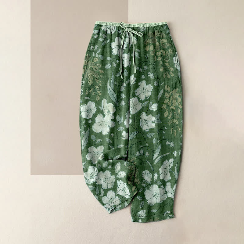 Buddha Stones Pure Cotton Floral Pattern Women's Elastic Waist Pants With Pockets - SeaGreen - US16，UK/AU20，EU48 (3XL) - image 4
