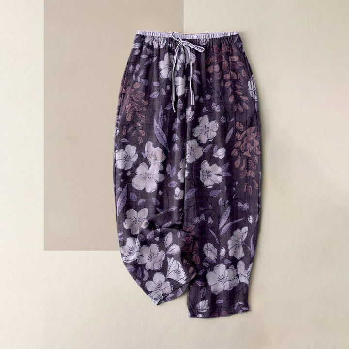 Buddha Stones Pure Cotton Floral Pattern Women's Elastic Waist Pants With Pockets - Purple - US16，UK/AU20，EU48 (3XL) - image 5
