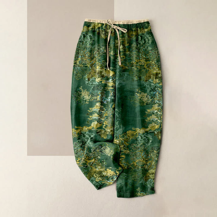 Buddha Stones Pure Cotton Golden Cloud Oriental Pattern Women's Elastic Waist Pants With Pockets - ForestGreen - US16，UK/AU20，EU48 (3XL) - image 5