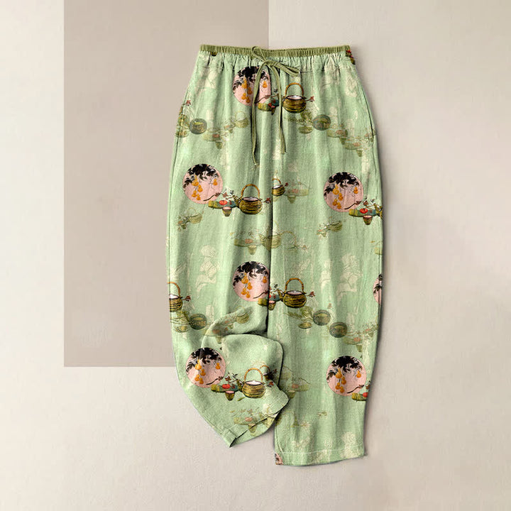 Buddha Stones Pure Cotton Oriental Floral Basket Pattern Women's Elastic Waist Pants With Pockets - PaleGreen - US16，UK/AU20，EU48 (3XL) - image 0
