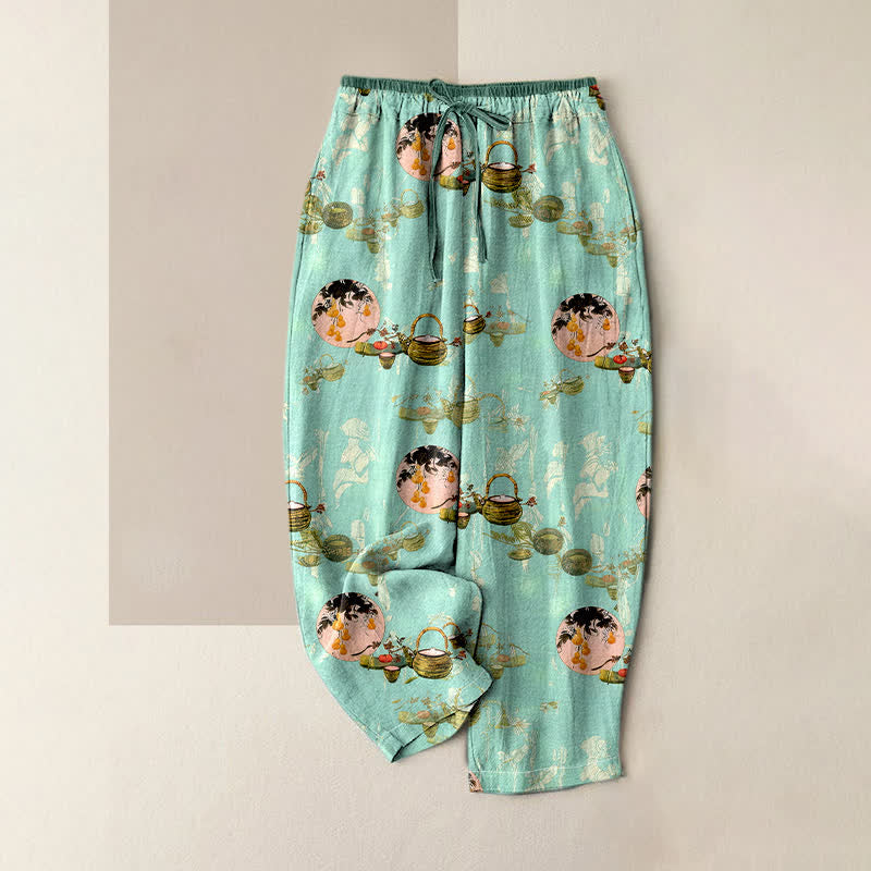 Buddha Stones Pure Cotton Oriental Floral Basket Pattern Women's Elastic Waist Pants With Pockets - Turquoise - US16，UK/AU20，EU48 (3XL) - image 3