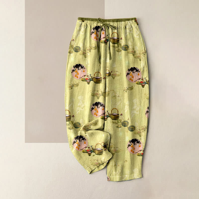 Buddha Stones Pure Cotton Oriental Floral Basket Pattern Women's Elastic Waist Pants With Pockets - Khaki - US16，UK/AU20，EU48 (3XL) - image 4